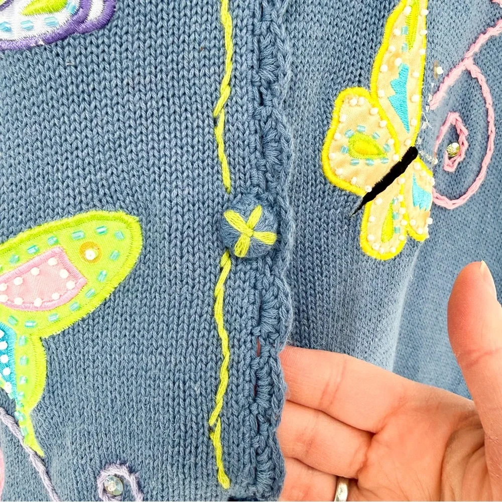 Bobbie Brooks Fairycore Embellished Embroidery Butterfly Knit Vest Blue Large